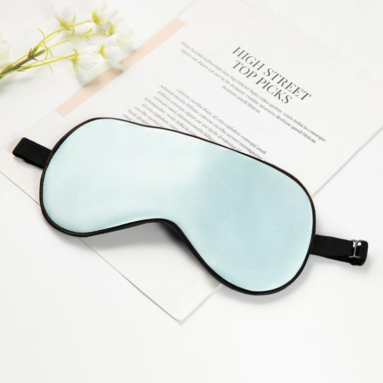 Light blue silk sleep mask with adjustable buckle and latex strap