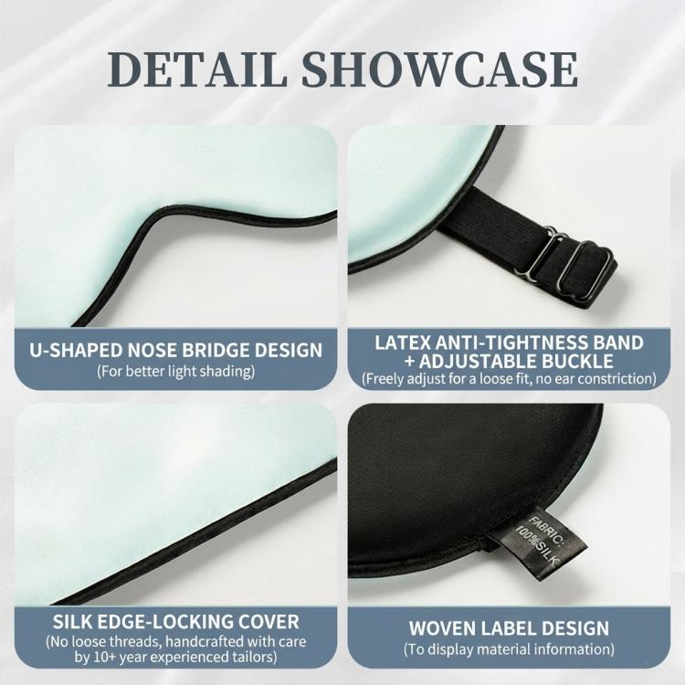 Black silk sleep mask detail: adjustable buckle strap, U-bridge nose cutout