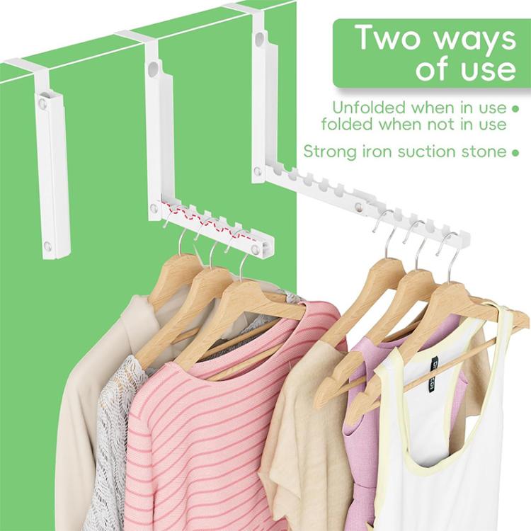 Over-the-door clothes drying rack shown folded and unfolded with hanging hooks