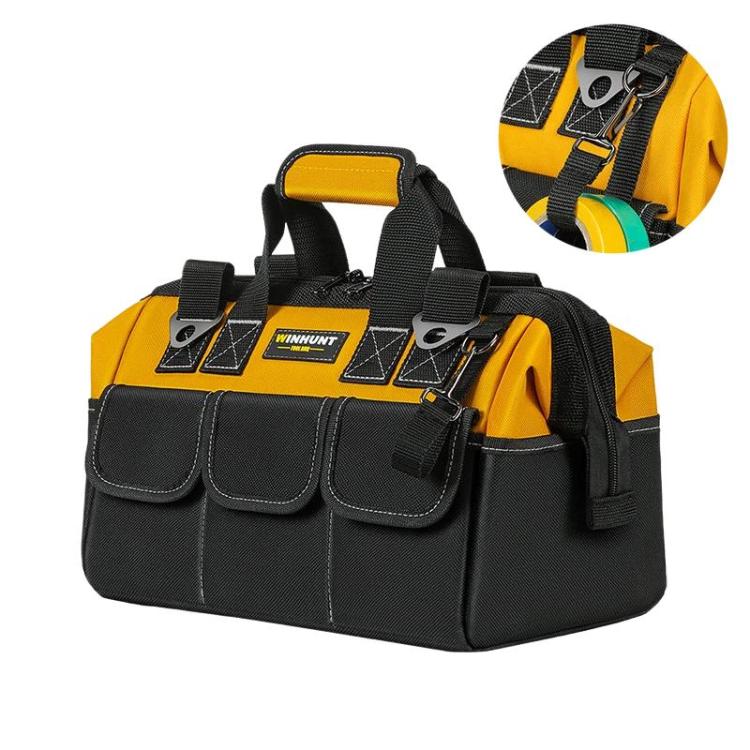Yellow and black tool storage bag with front pockets, top handle, and metal D-ring straps