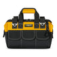 Yellow and black tool storage bag with three front pockets, web handles, and metal hardware