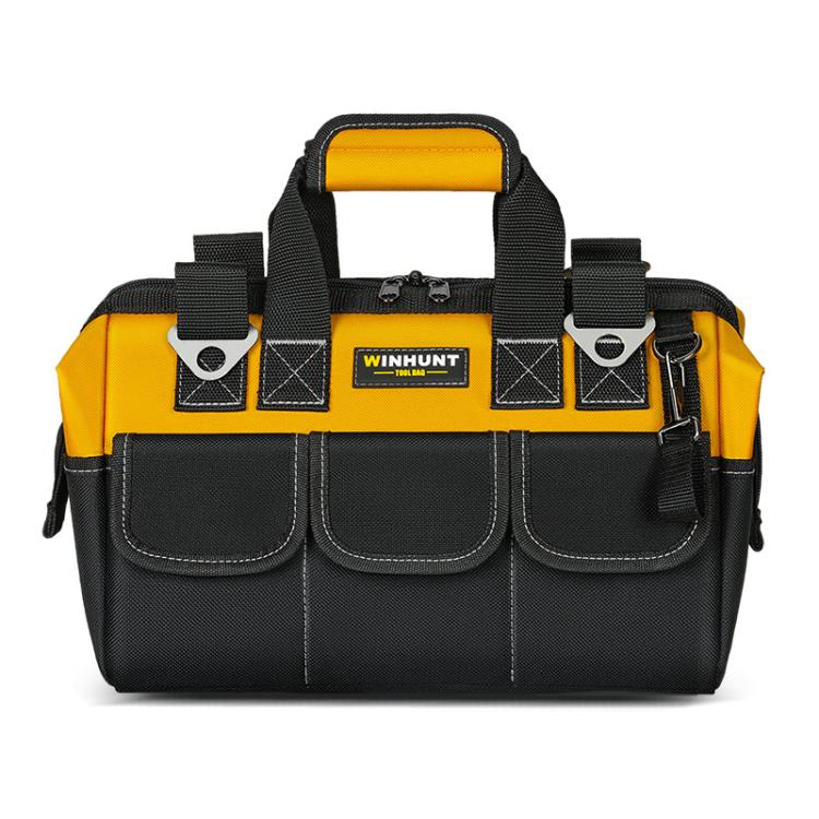 Yellow and black tool storage bag with three front pockets, web handles, and metal hardware