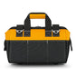 Yellow and black tool storage bag with top carry handle and side strap attachments