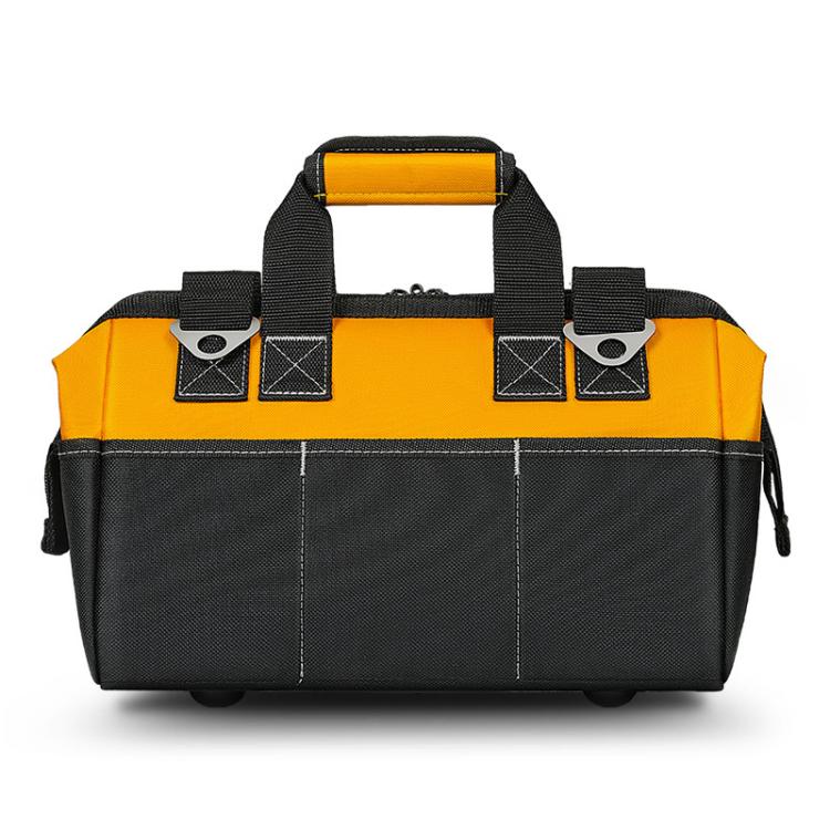 Yellow and black tool storage bag with top carry handle and side strap attachments