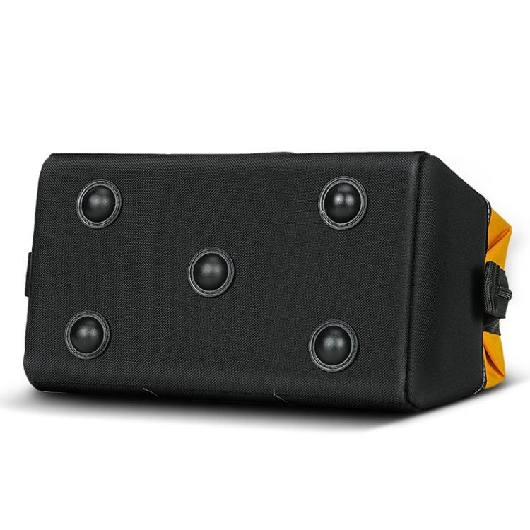 Black tool storage bag end panel with five metal snap studs and a side yellow corner