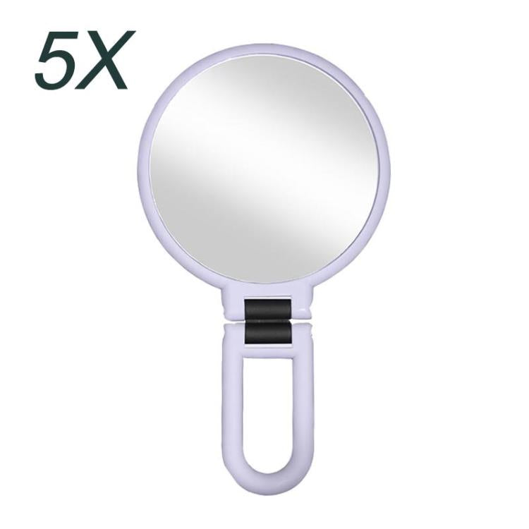 5X magnifying makeup mirror with round glass and purple folding handle