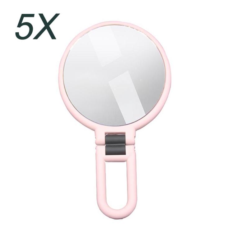 5X magnifying makeup mirror with round glass and pink folding handle