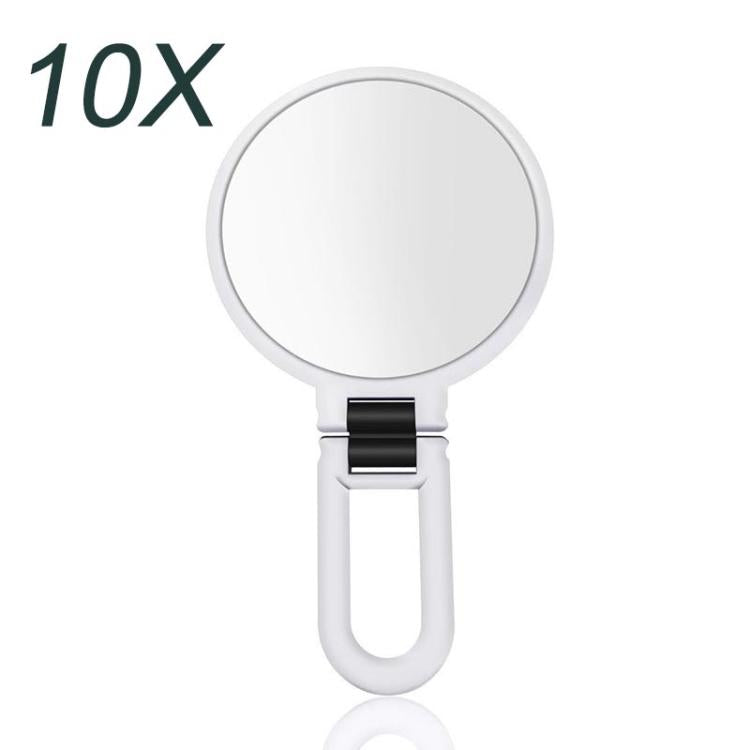 10X magnifying makeup mirror with round glass and white folding handle