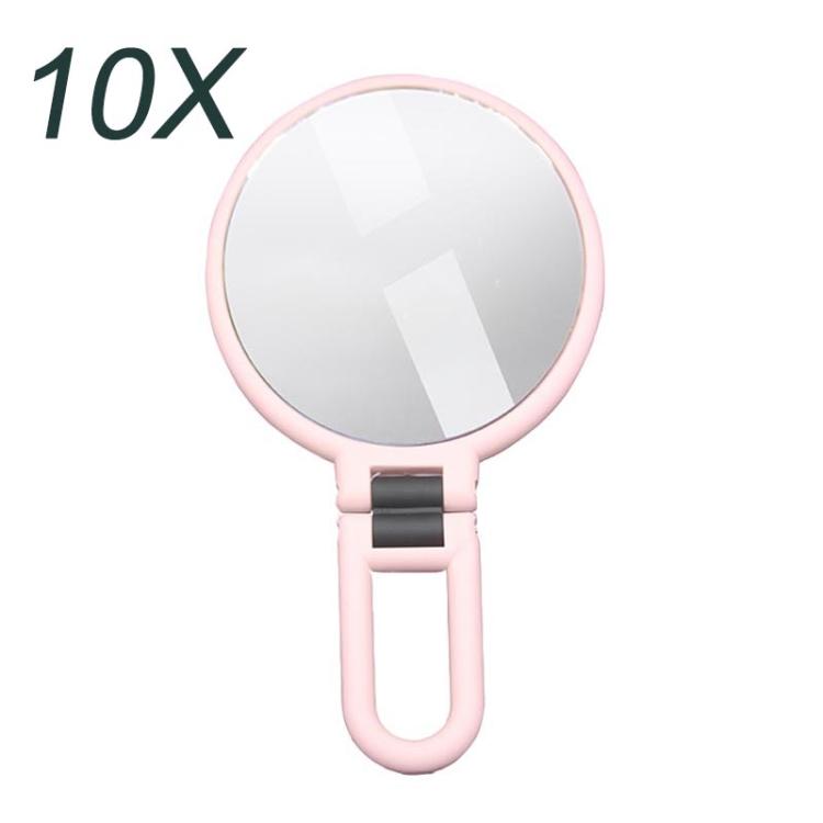 10X magnifying makeup mirror with round glass and pink folding handle