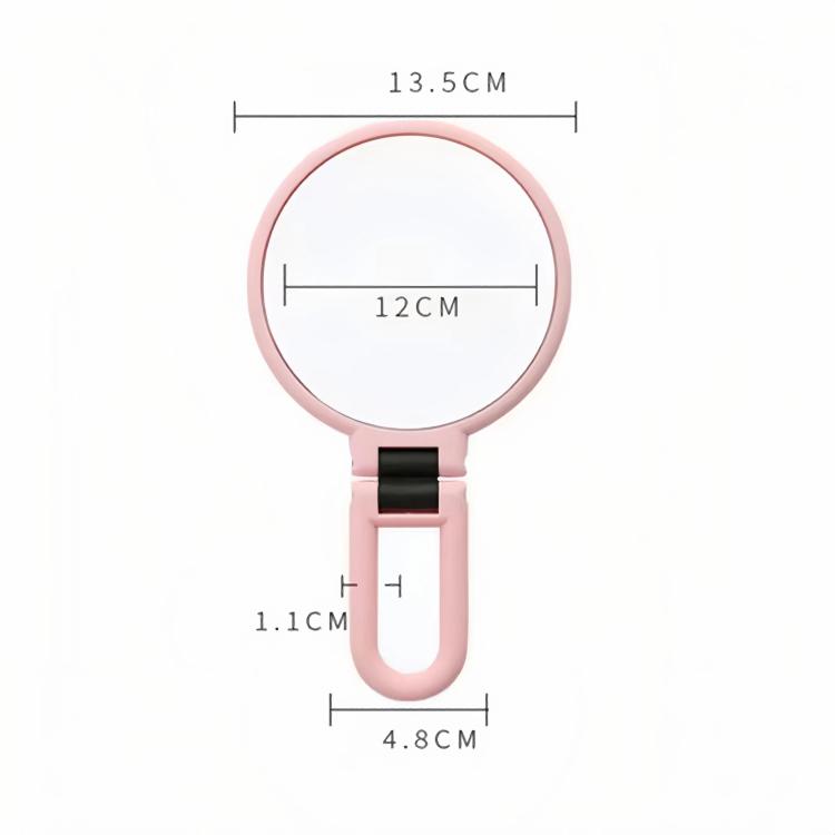 Pink 12 cm round magnifying mirror with handle, size measurement diagram