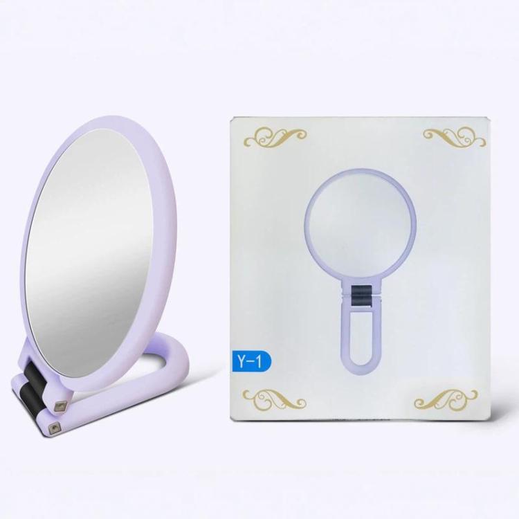 Purple magnifying makeup mirror with pedestal stand in retail box