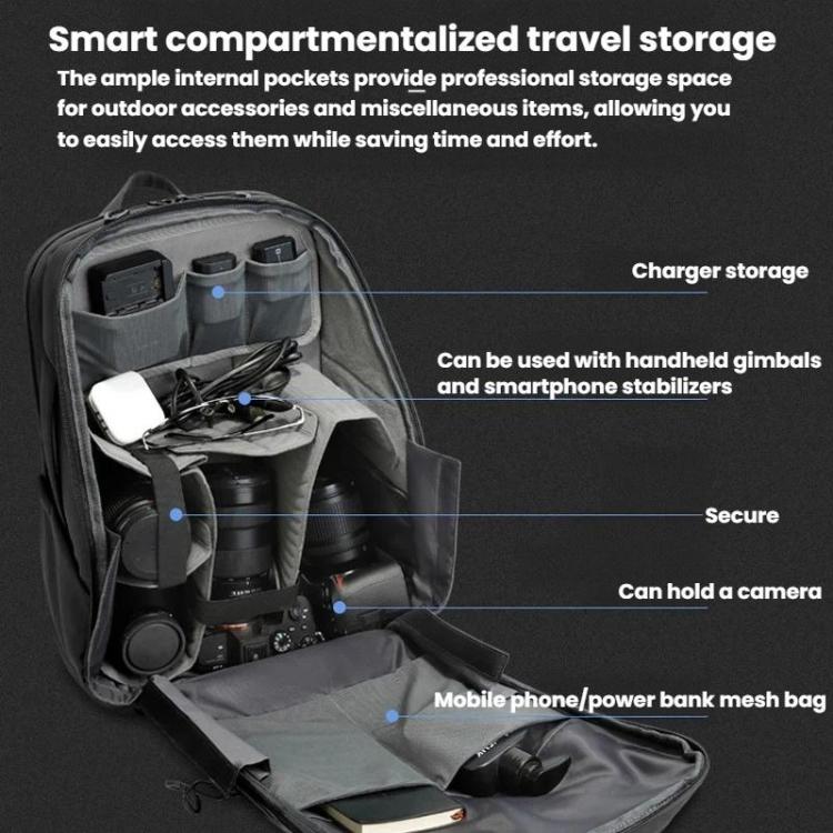 Black open camera backpack interior with padded compartments and mesh storage pockets.