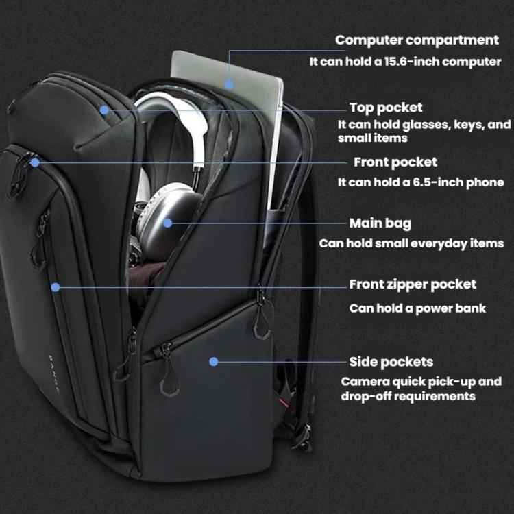 Black camera backpack interior showing main compartment, front pocket, and side pockets.