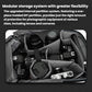 Black camera backpack with modular padded inserts holding lenses and cameras.