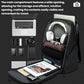 Black camera backpack with wide-opening compartment holding laptop, headphones, and accessories.