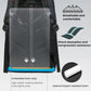 Black camera backpack back panel with padded cushioning and shock-absorbing foam strips.