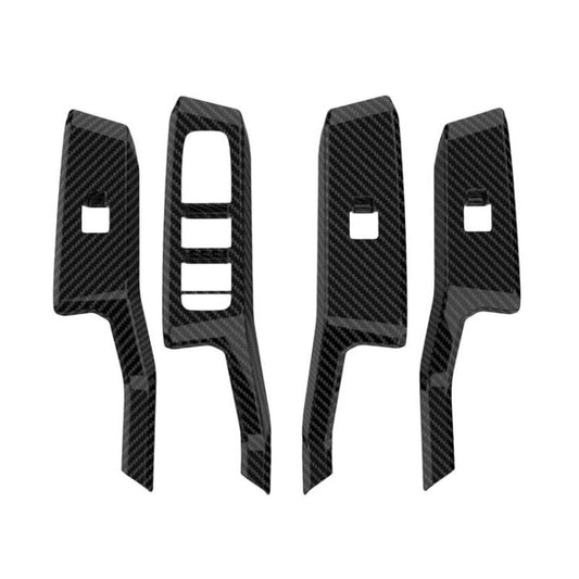 Set of four carbon fiber-look window switch panel trim stickers with cutouts