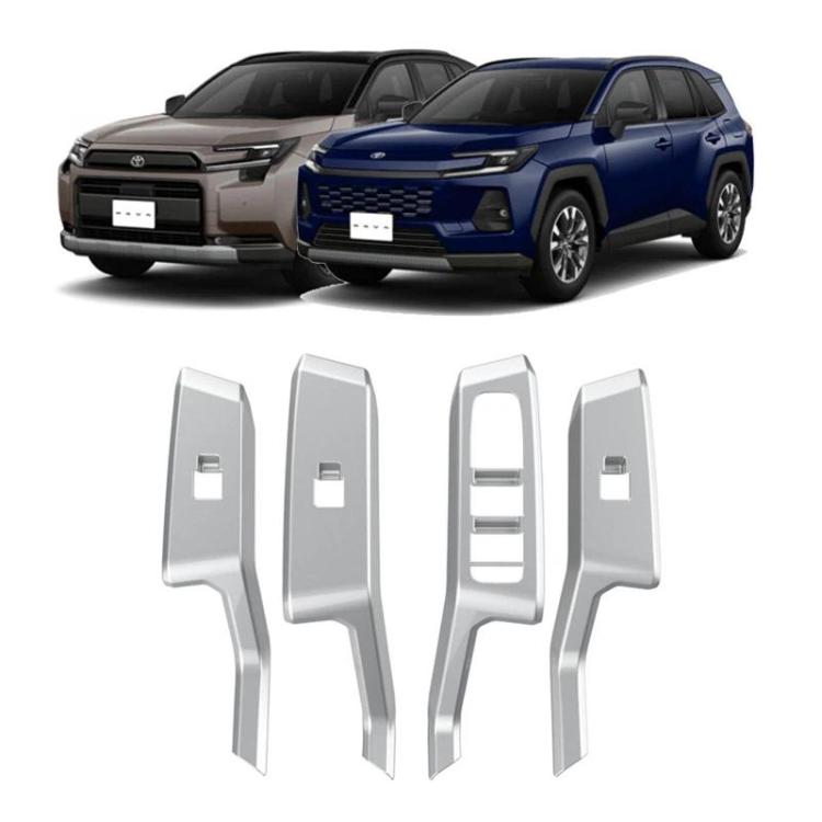 Four-piece silver window switch panel trim stickers shown on car door