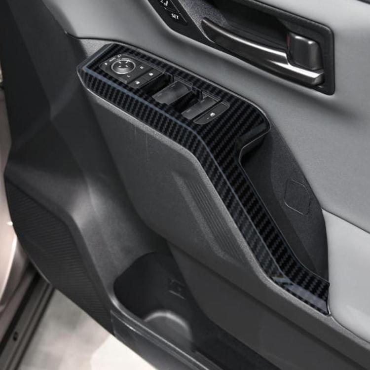 Carbon fiber-look window switch panel trim sticker on car door armrest