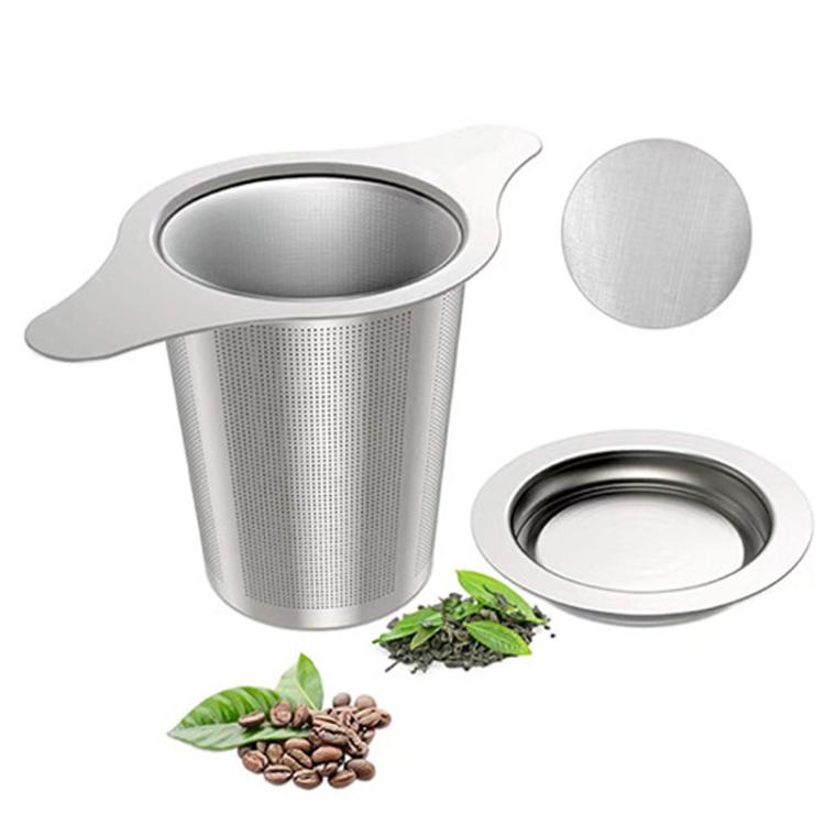 Oval stainless steel tea strainer with fine mesh basket, dual handles, and round lid