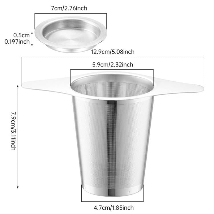 Oval stainless steel tea strainer basket with dual handles and labeled dimensions