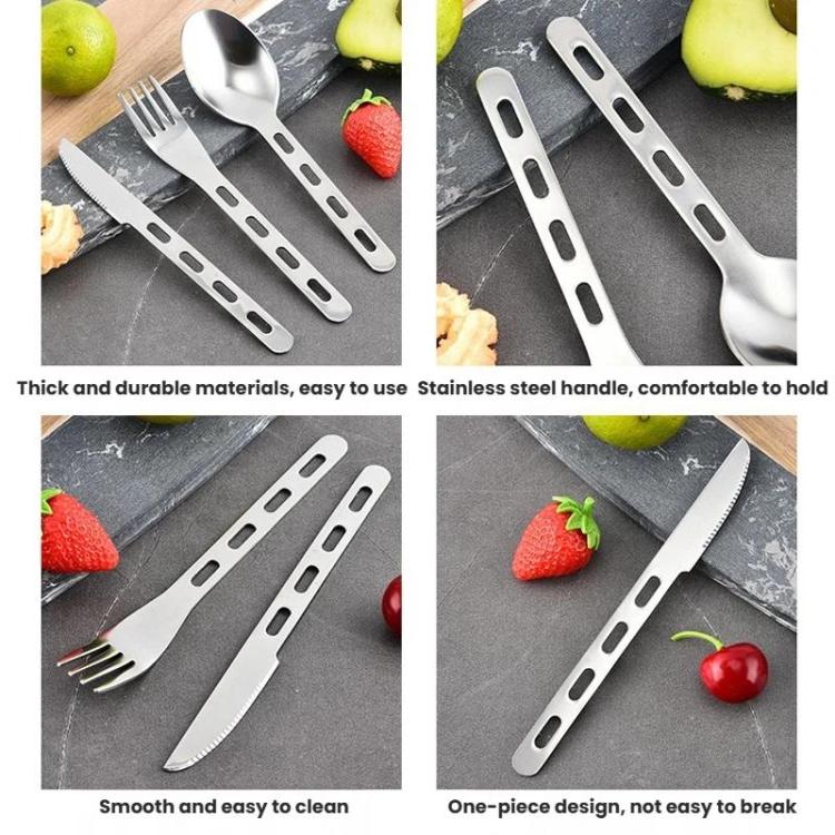 Stainless steel outdoor cutlery set showing spoon, fork, and knife with perforations