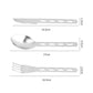Stainless steel camping spoon, knife, and fork with size measurements in cm