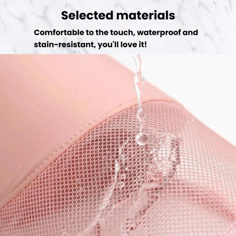 Pink mesh cosmetic bag close-up showing water-resistant mesh and zip line
