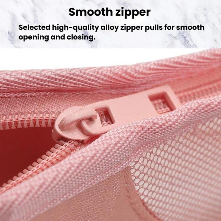 Pink mesh cosmetic bag close-up of smooth zipper on the mesh fabric