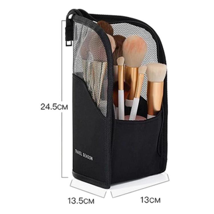 Black mesh cosmetic bag with zip top and size shown: 13 x 24.5 cm