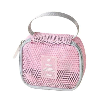 Pink mesh cosmetic bag with carry handle, zipper closure, and travel label pocket