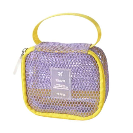 Purple mesh cosmetic bag with top handle, yellow zipper trim, and travel label pocket