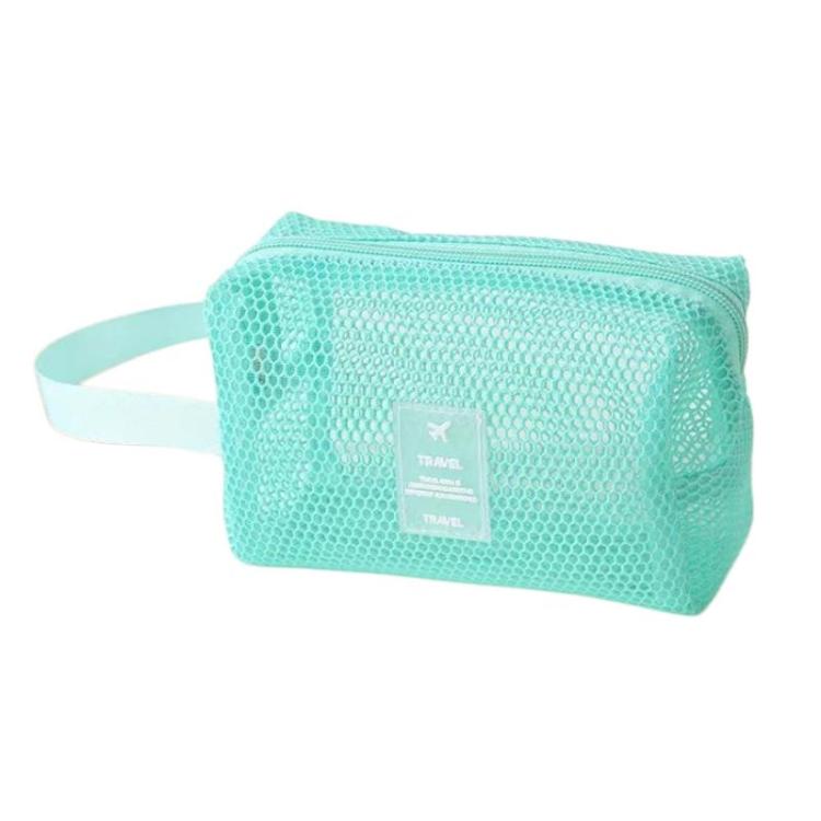 Mint green mesh cosmetic organizer pouch with zipper and travel label patch, wrist strap