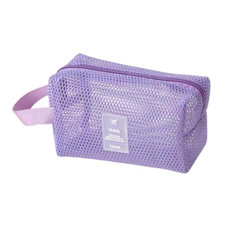 Lavender mesh cosmetic organizer pouch with zipper and travel label patch, wrist strap
