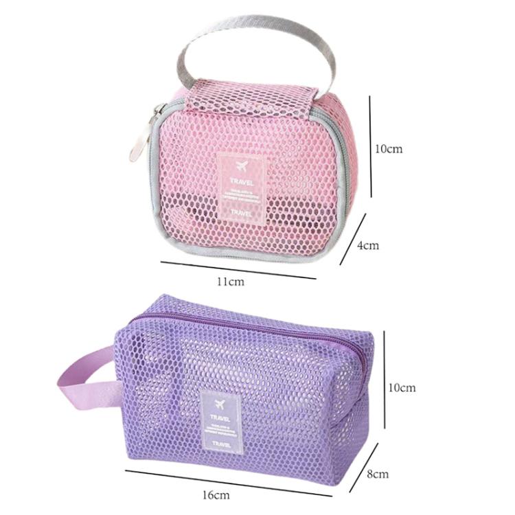 Pink and purple mesh cosmetic bags with carry handles and travel label patches