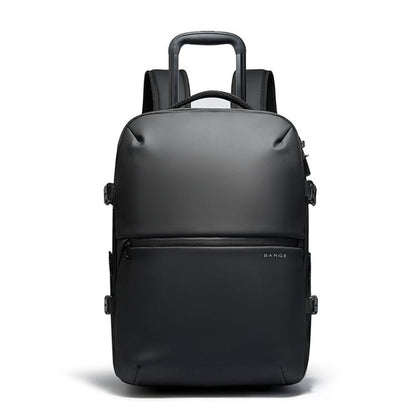 Large rolling business backpack in dark gray with top handle and front zip pocket