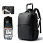 Dark gray rolling backpack with side zipper showing interior organizers and pockets