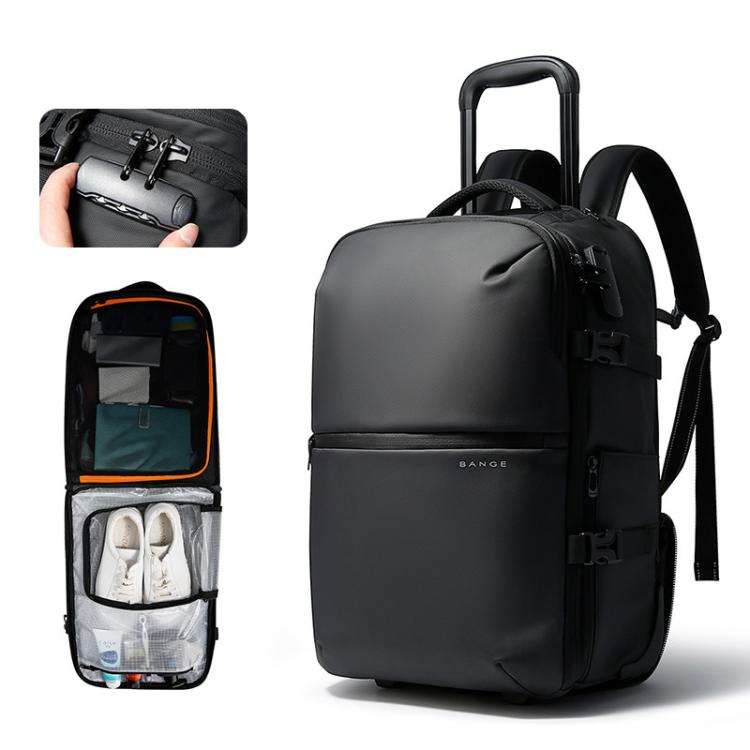 Dark gray rolling backpack with side zipper showing interior organizers and pockets