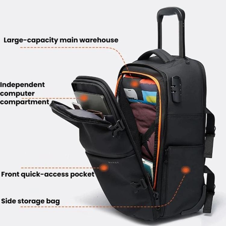 Dark rolling travel backpack with quick-access front pocket and padded laptop compartment