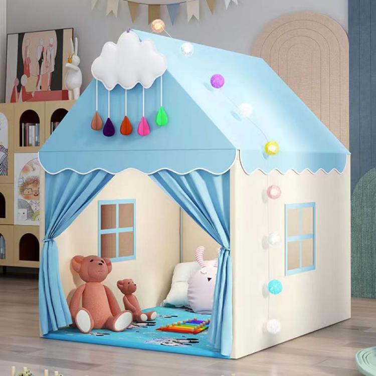 Blue kids indoor play tent with peaked roof, scalloped curtains, window openings, cloud decor