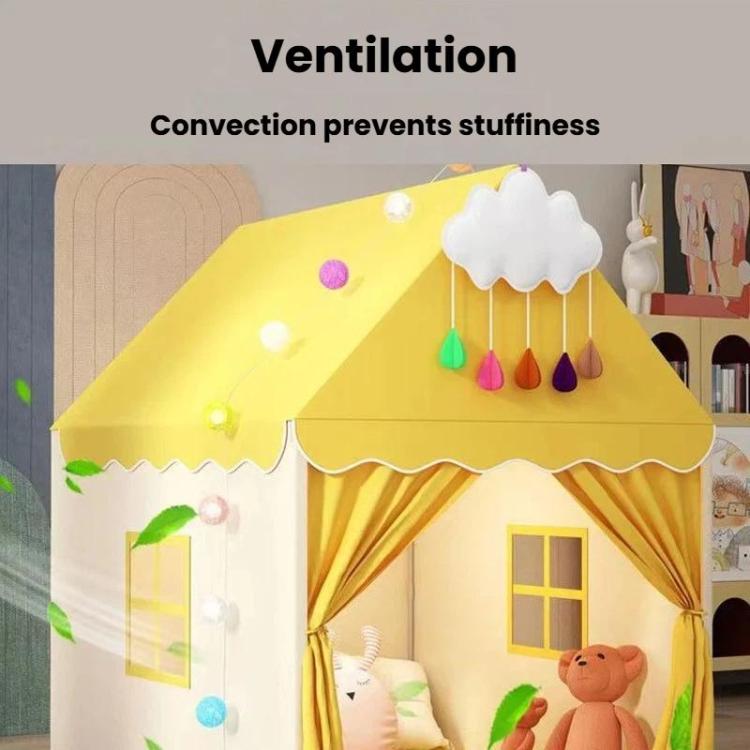 Yellow kids indoor play tent roof with hanging cloud toy and scalloped valance, side curtains