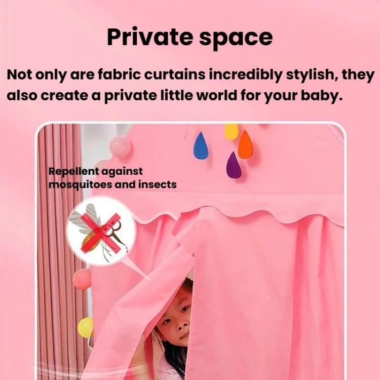Pink kids indoor play tent with fabric curtains and private canopy, interior view with hanging toy