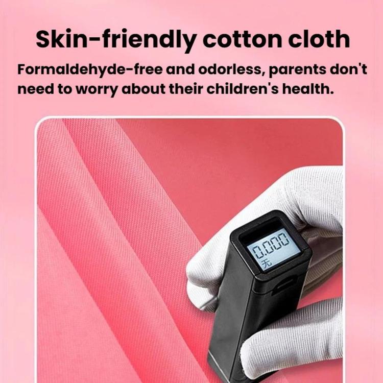 Pink kids play tent cotton fabric close-up with testing device held by gloves