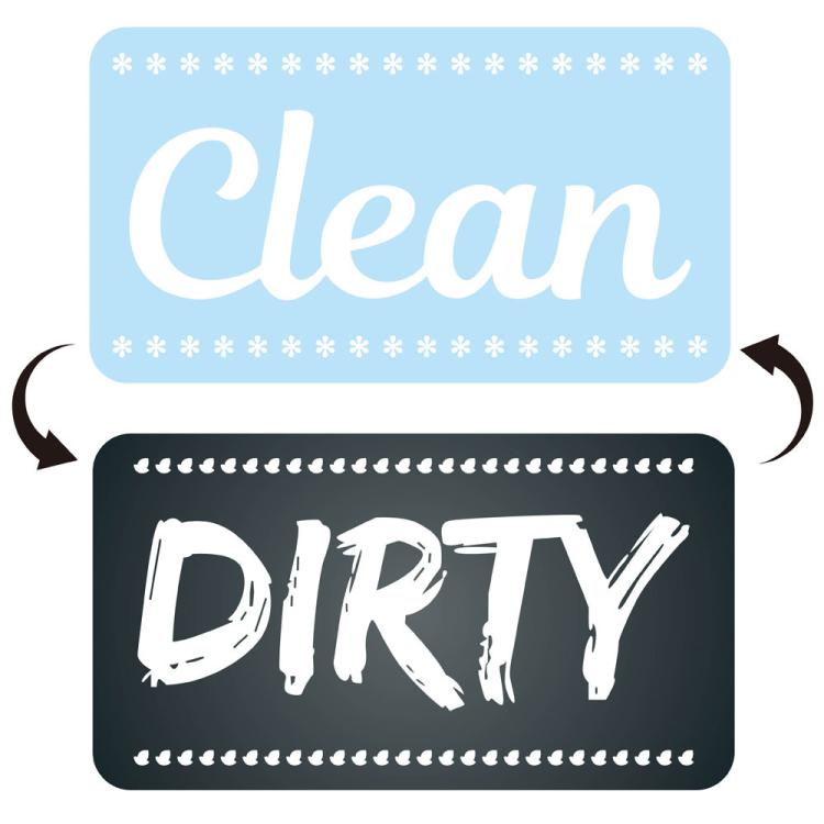 Square double-sided magnet with light blue “Clean” and dark “Dirty”