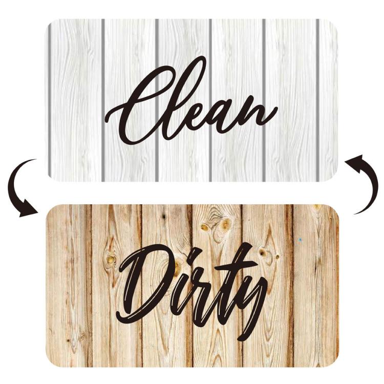Square double-sided magnet with script “Clean” and “Dirty” on wood backgrounds