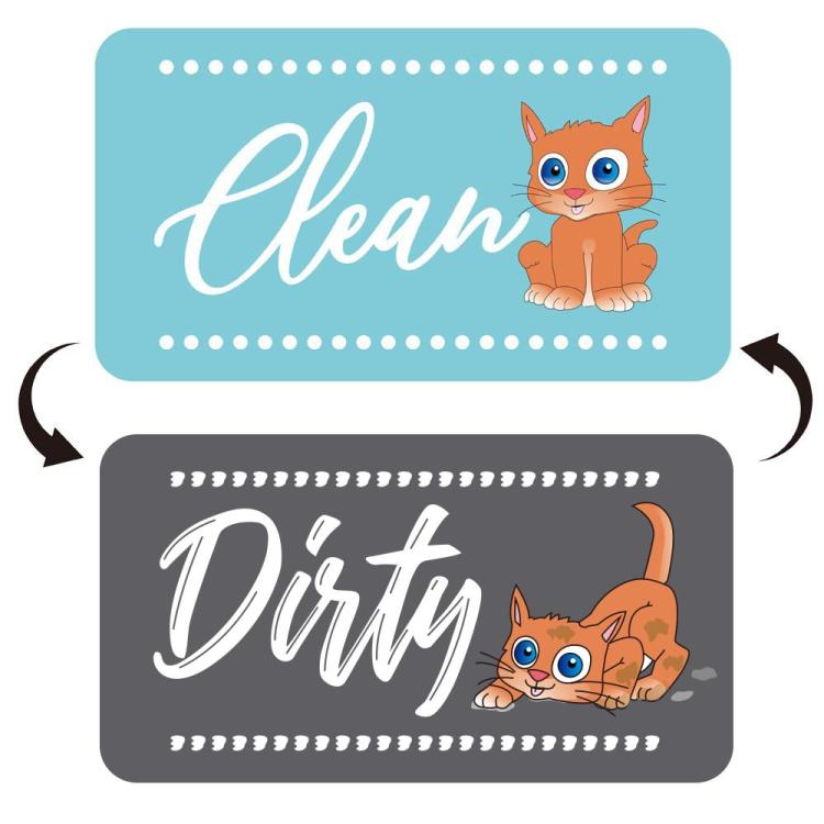 Square double-sided magnet with cat graphics for “Clean” and “Dirty”