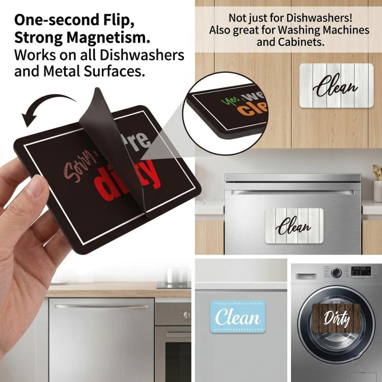 Hand holding square Clean and Dirty double-sided magnet on a kitchen appliance