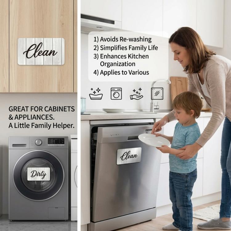 Family using square Clean and Dirty magnet sign on a dishwasher