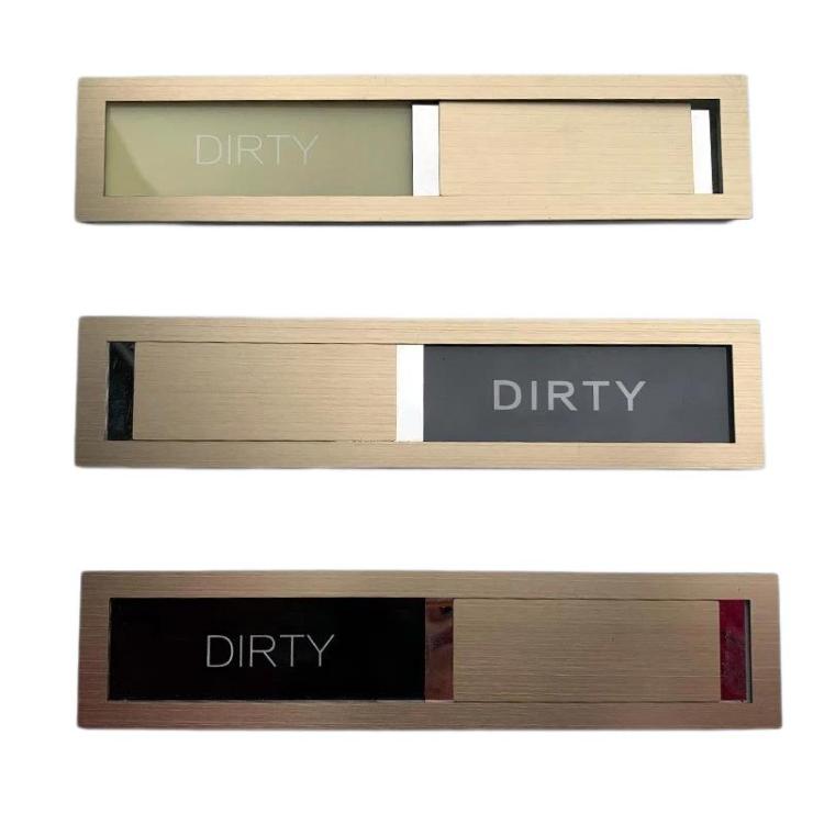 Brushed stainless clean/dirty dishwasher magnet sign with light DIRTY and dark DIRTY slider views