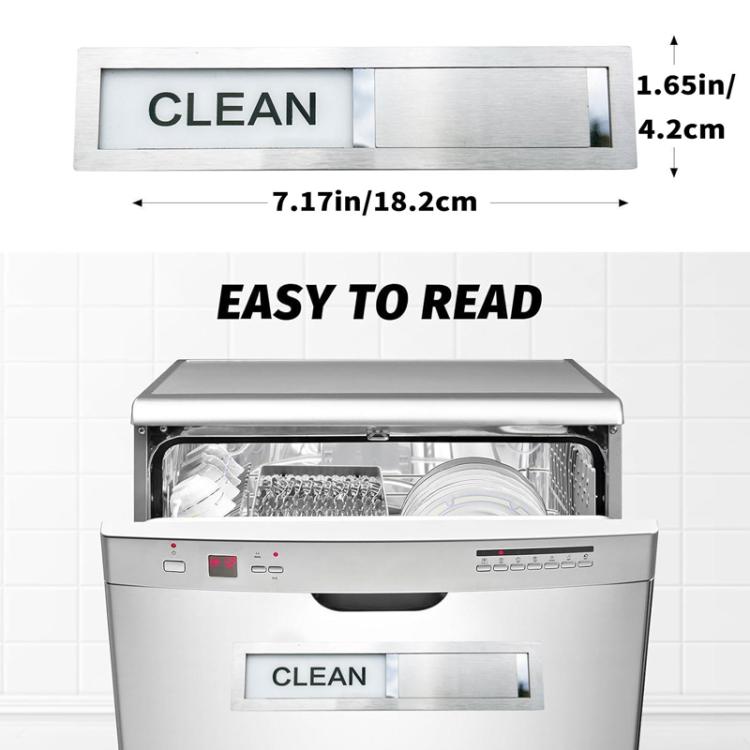 Stainless steel clean/dirty dishwasher magnet sign with CLEAN window on dishwasher front